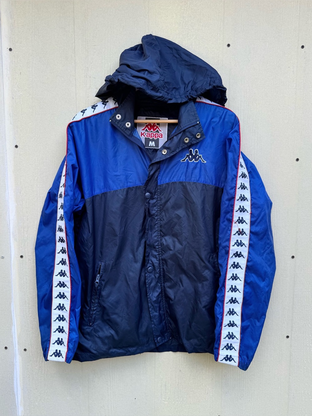 Vintage 90s Kappa Hooded Windbreaker Jacket Soccer Bench Coat Blue Mens Size M